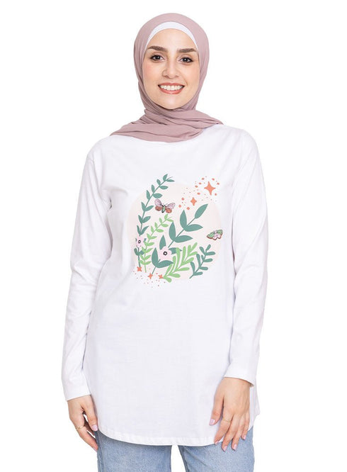 White Printed Long - Sleeve Design 36 - Khotwh